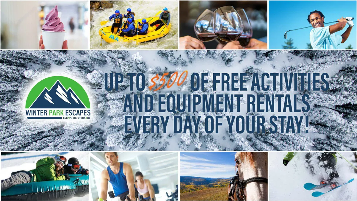 A dynamic montage illustrating guests partaking in whitewater rafting, golfing, horseback riding, skiing, snowboarding, and sharing an ice cream treat. The mix of experiences and the lively mood highlight both active outdoor pursuits and relaxing moments.
