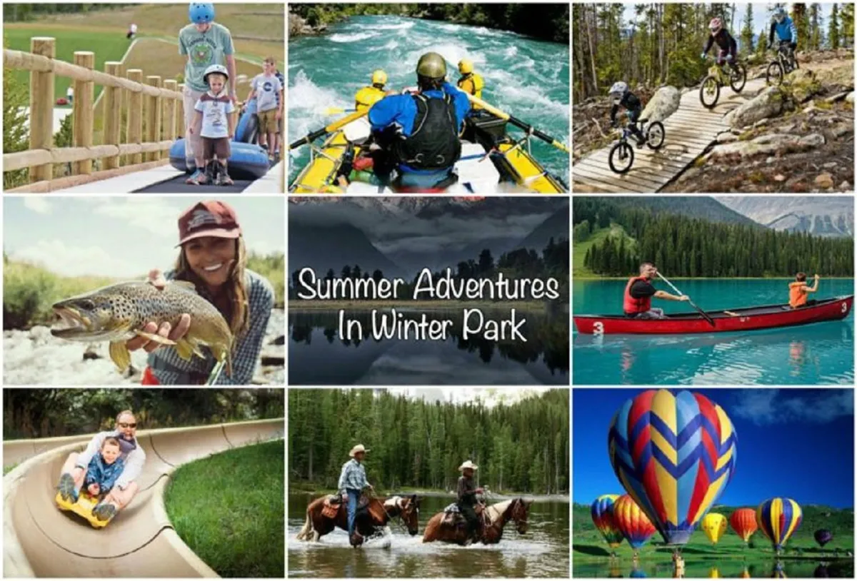 A vibrant collage of summer activities: guests are white-water rafting on a river, biking along a trail, fishing, enjoying a water slide, horseback riding, kayaking, and even watching hot air balloons drift by. The scenery is lush and family-friendly, reflecting a wide range of summer adventures.